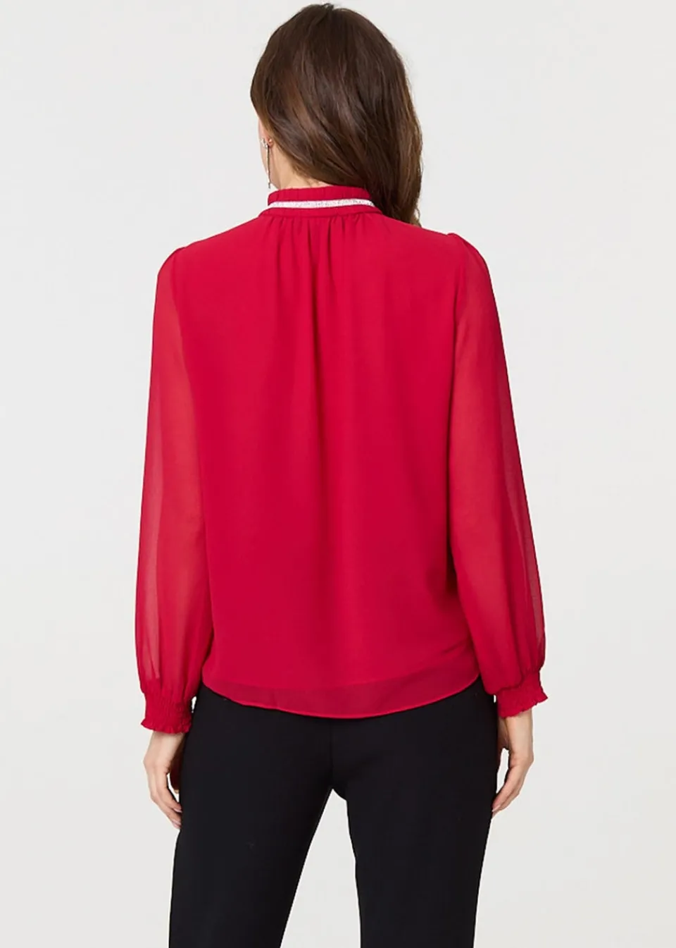 Tops>Izabel London Red Sparkle Trim High Neck Semi Sheer Blouse