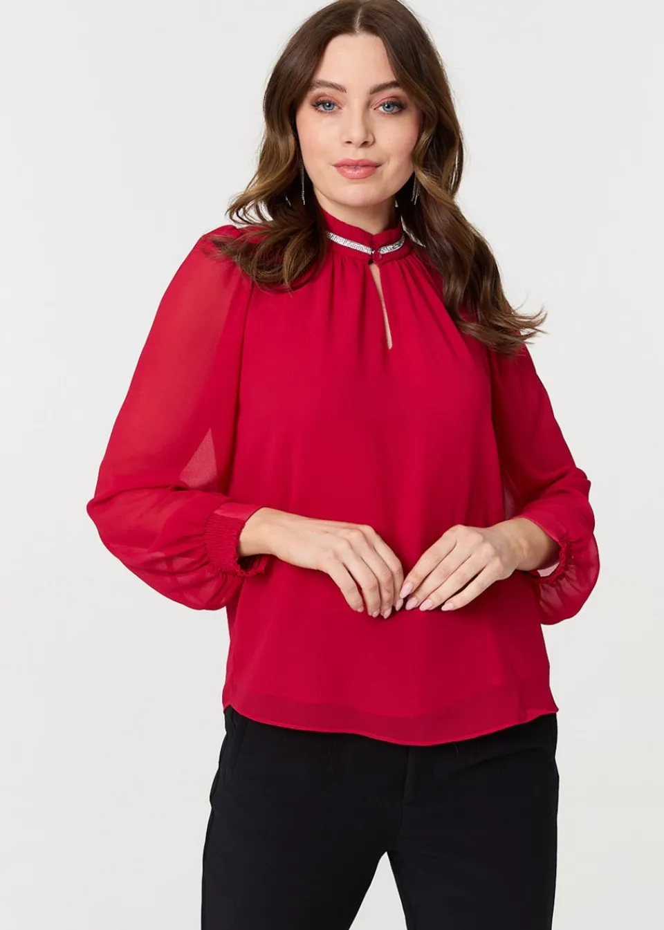 Tops>Izabel London Red Sparkle Trim High Neck Semi Sheer Blouse