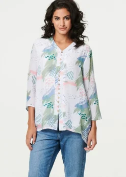 Tops>Izabel London Sage Abstract 3/4 Sleeve Relaxed Blouse