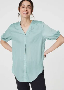Tops>Izabel London Sage Plain V-Neck Puff 1/2 Sleeve Shirt