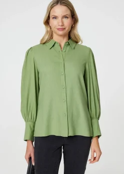 Tops>Izabel London Sage Plain Puff Sleeve Button-Up Shirt
