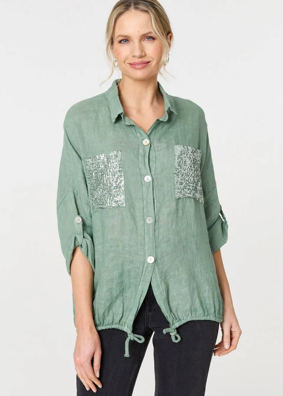 Tops>Izabel London Sage Sequin Detail 3/4 Turn-Up Sleeve Shirt