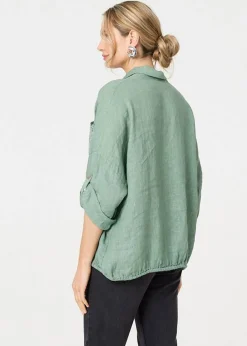 Tops>Izabel London Sage Sequin Detail 3/4 Turn-Up Sleeve Shirt
