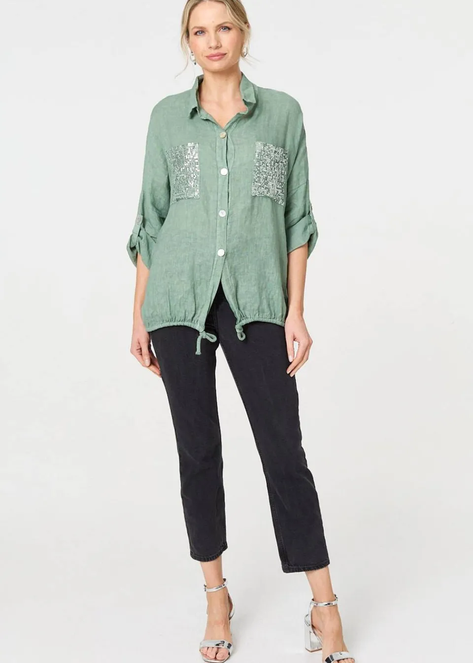 Tops>Izabel London Sage Sequin Detail 3/4 Turn-Up Sleeve Shirt