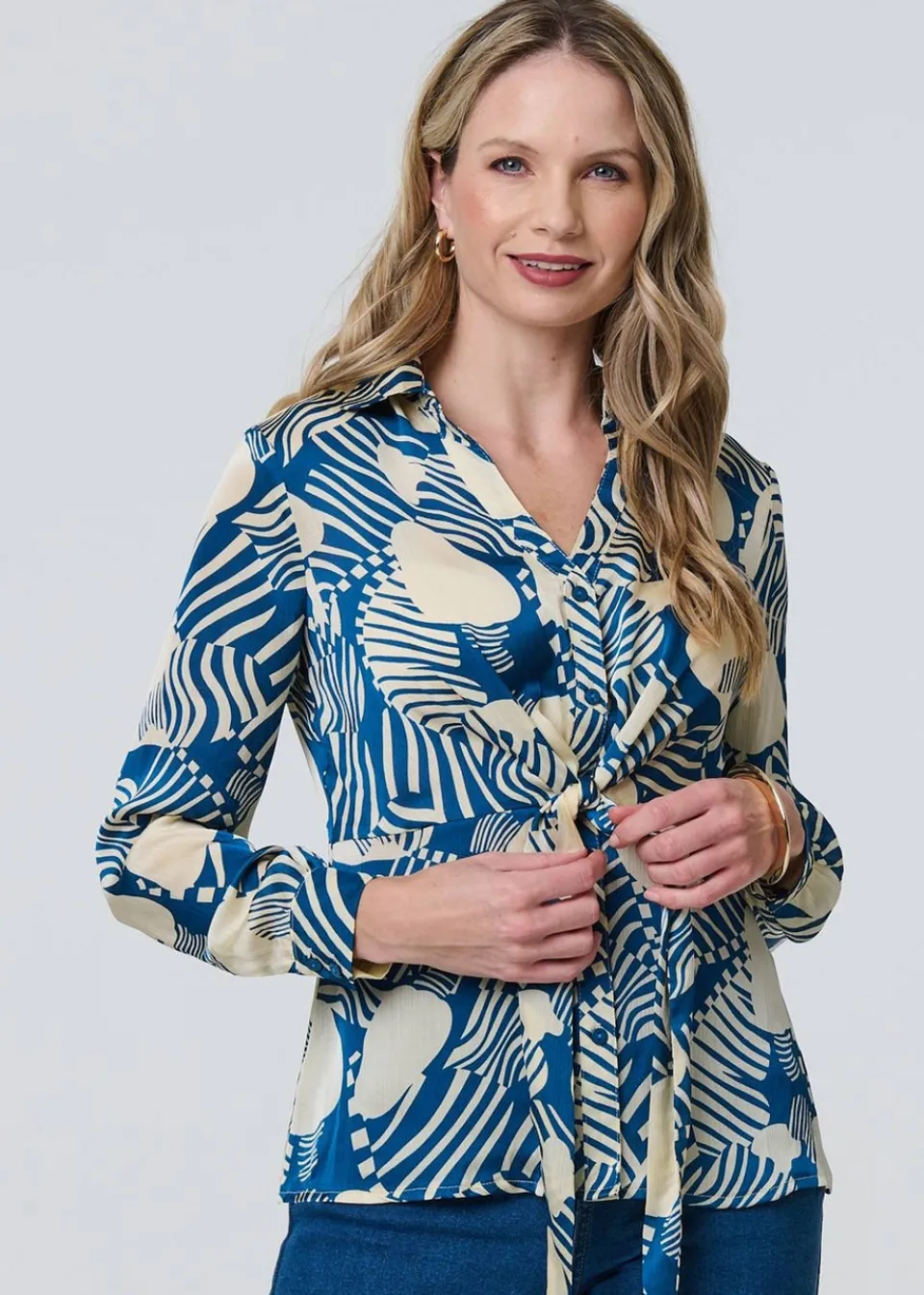 Tops>Izabel London Teal Printed Tie Front Long Sleeve Blouse