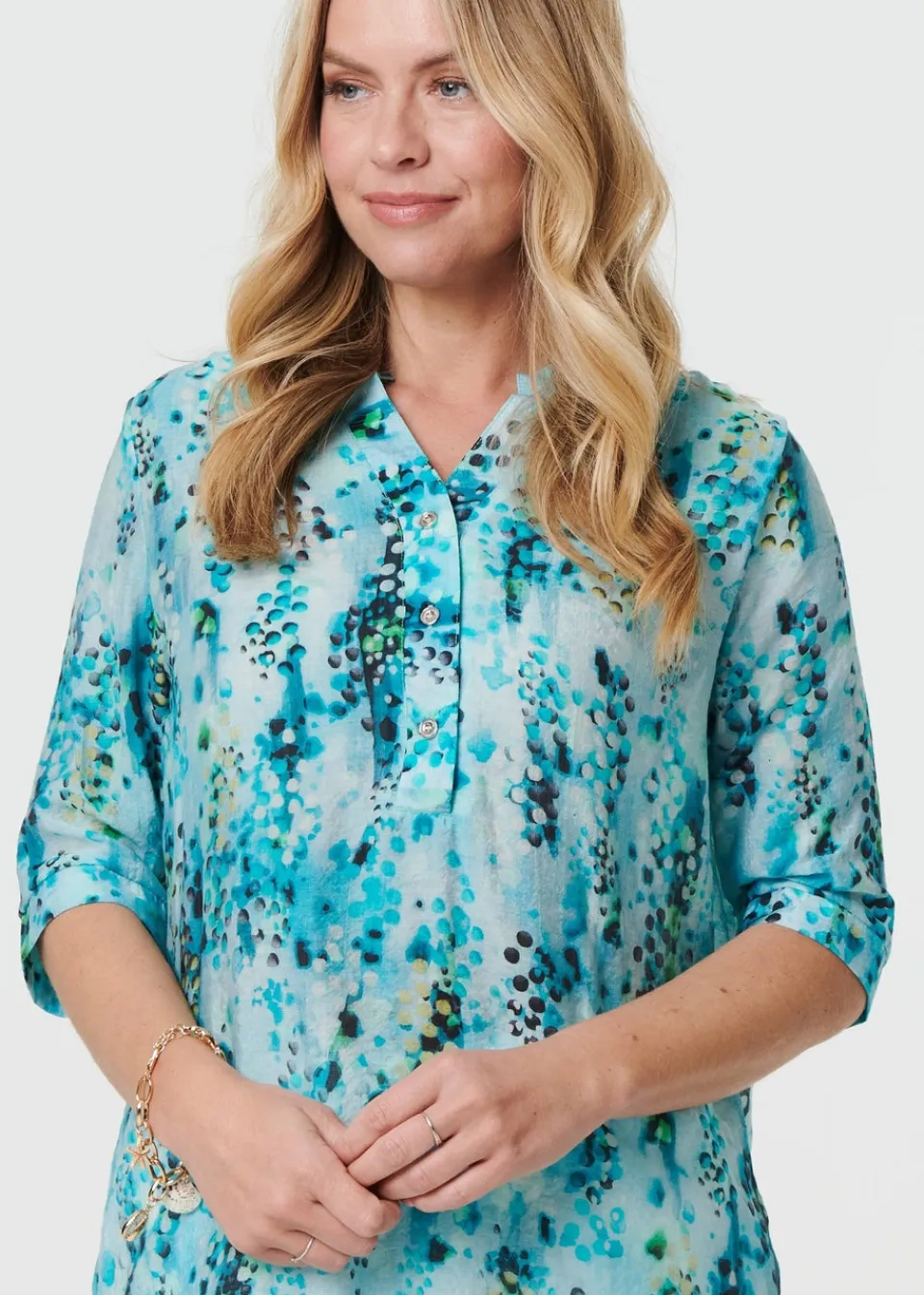 Tops>Izabel London Turquoise Printed 3/4 Sleeve Relaxed V-Neck Blouse