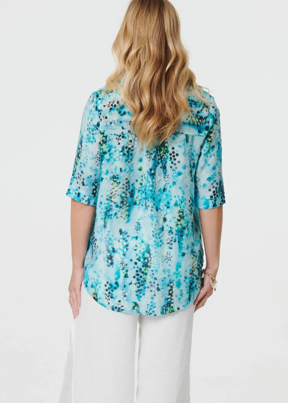 Tops>Izabel London Turquoise Printed 3/4 Sleeve Relaxed V-Neck Blouse