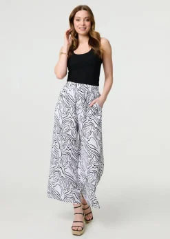 Trousers>Izabel London White Abstract Print High Waist Wide Leg Trousers