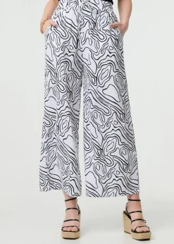 Trousers>Izabel London White Abstract Print High Waist Wide Leg Trousers