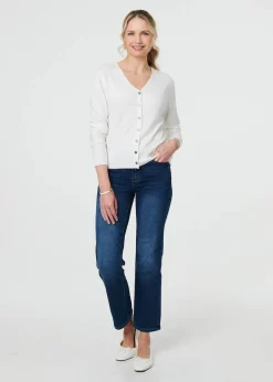 Tops>Izabel London White Cropped Button Up Slim Knit Cardigan