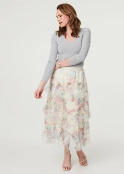Skirts>Izabel London White Floral Semi Sheer Mesh Ruffled Midi Skirt