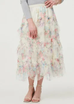 Skirts>Izabel London White Floral Semi Sheer Mesh Ruffled Midi Skirt