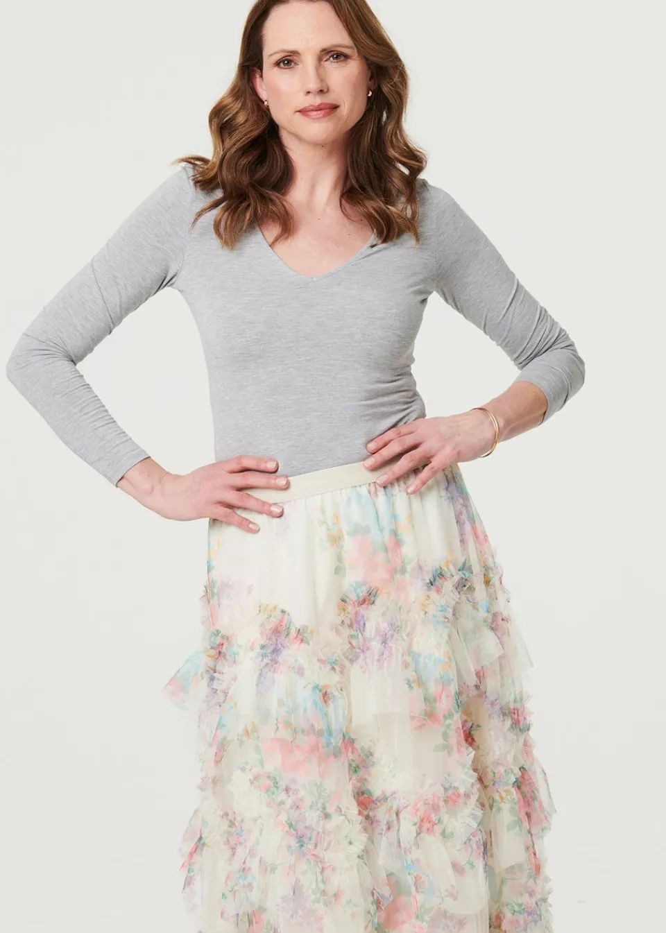 Skirts>Izabel London White Floral Semi Sheer Mesh Ruffled Midi Skirt