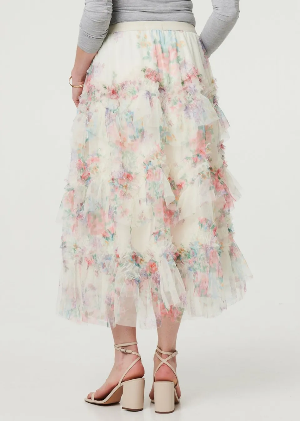 Skirts>Izabel London White Floral Semi Sheer Mesh Ruffled Midi Skirt