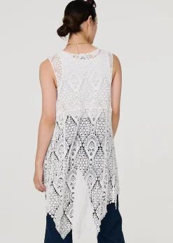Tops>Izabel London White Lace Open Front High Low Cardigan