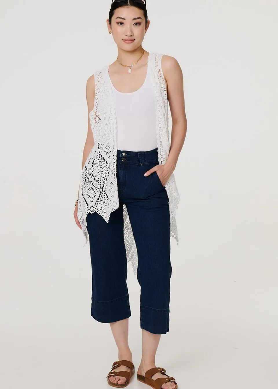 Tops>Izabel London White Lace Open Front High Low Cardigan