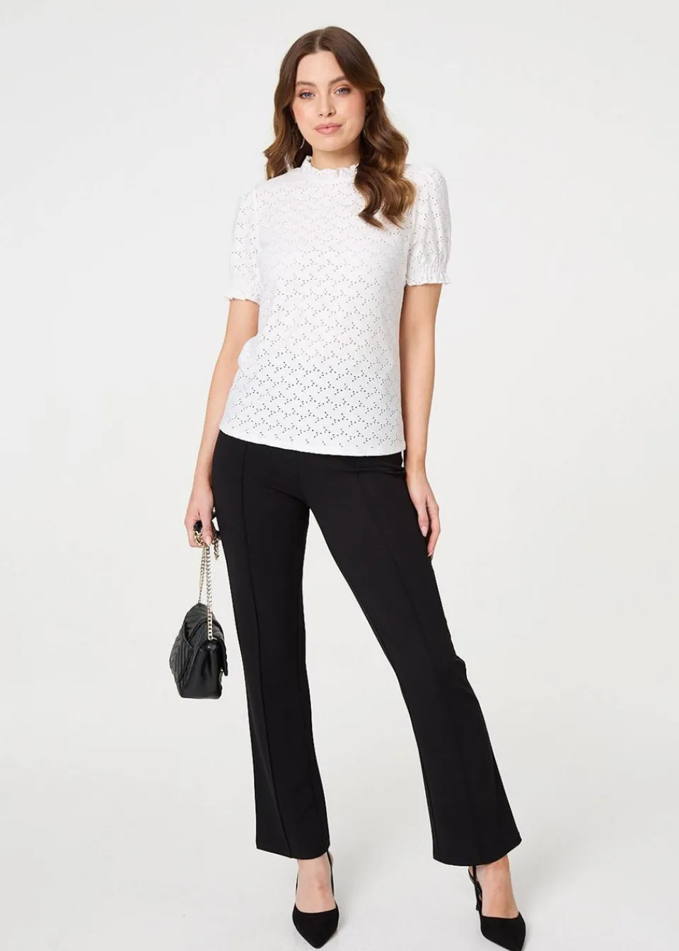 Tops>Izabel London White Lace Texture Frilled Short Sleeve Blouse