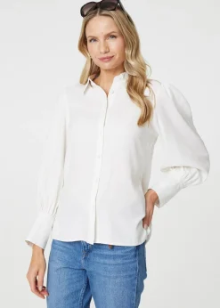 Tops>Izabel London White Plain Puff Sleeve Button-Up Shirt