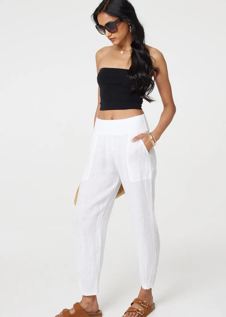 Trousers>Izabel London White Relaxed Linen Blend Tapered Trousers