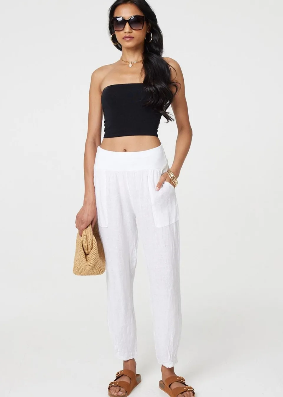 Trousers>Izabel London White Relaxed Linen Blend Tapered Trousers