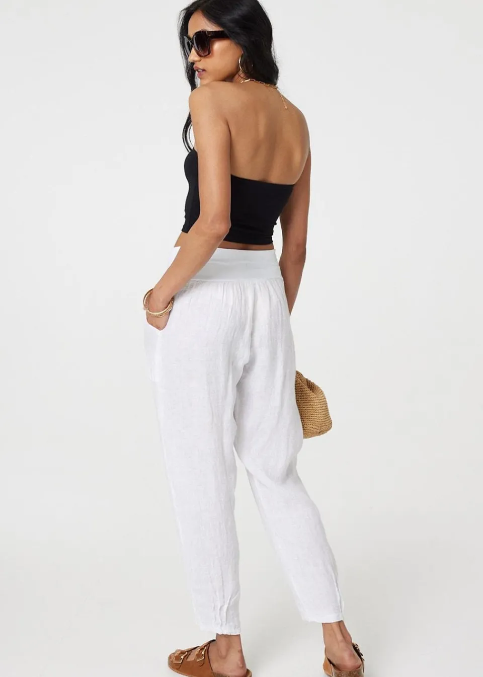 Trousers>Izabel London White Relaxed Linen Blend Tapered Trousers
