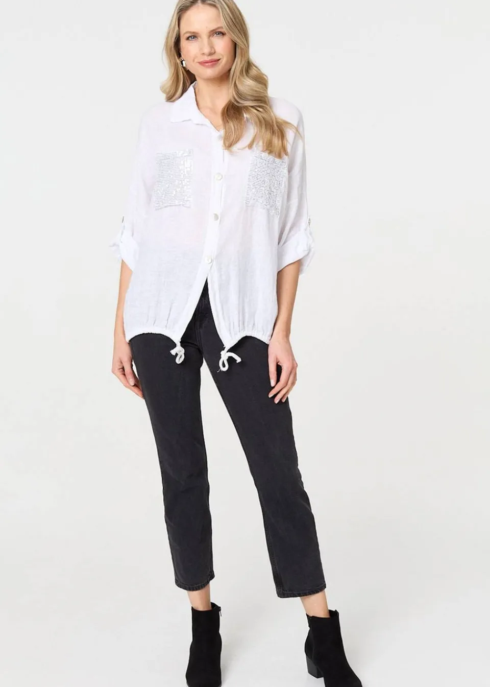 Tops>Izabel London White Sequin Detail 3/4 Turn-Up Sleeve Shirt