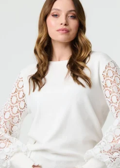 Tops>Izabel London White Sheer Lace Sleeve Knitted Jumper
