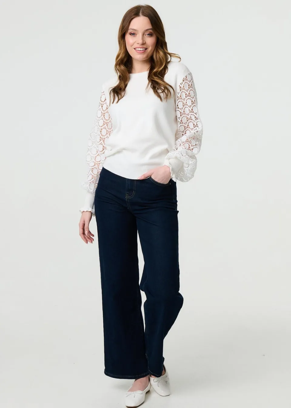 Tops>Izabel London White Sheer Lace Sleeve Knitted Jumper