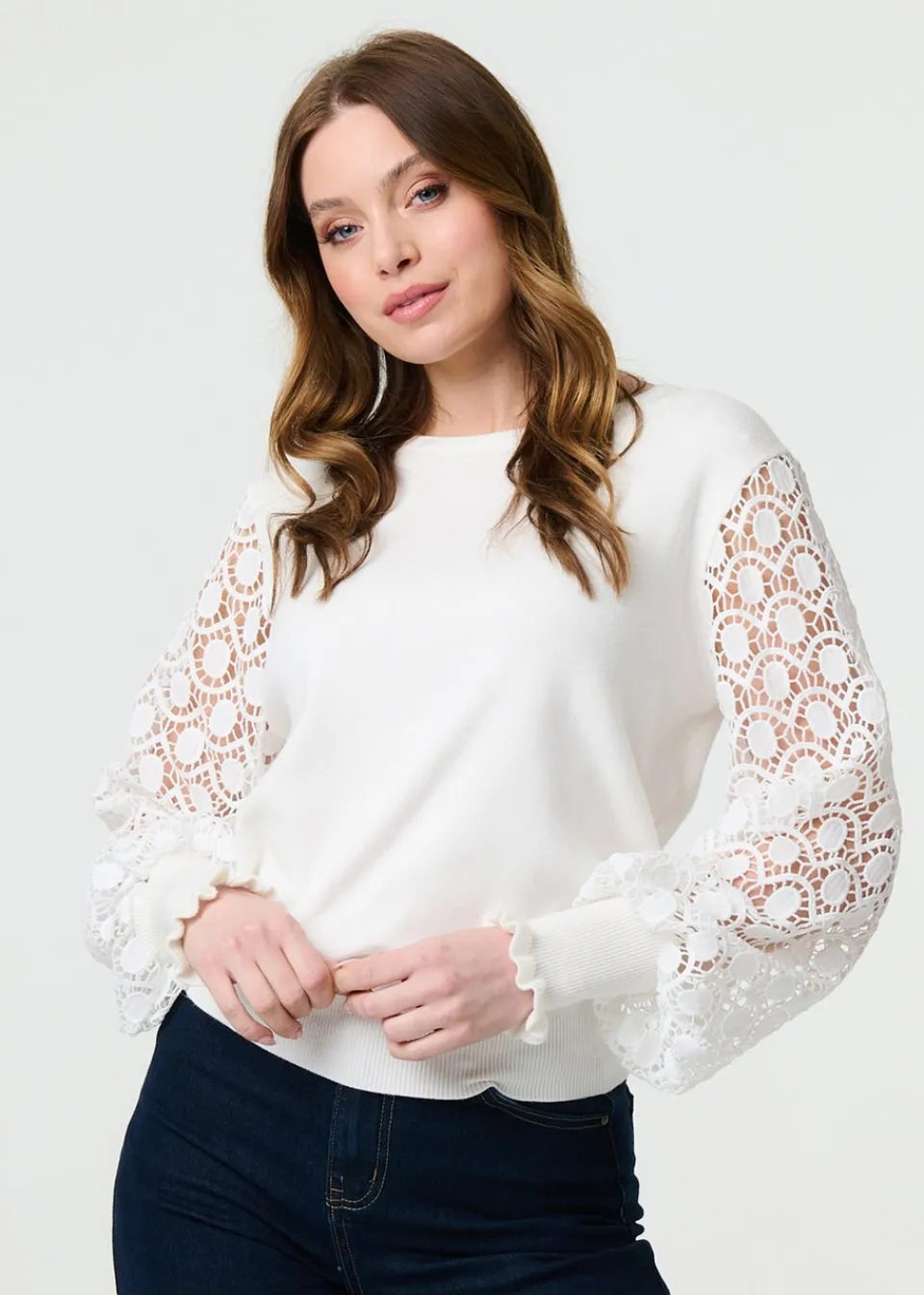 Tops>Izabel London White Sheer Lace Sleeve Knitted Jumper