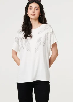 T-Shirts>Izabel London White Sparkly Feather Print Relaxed T-Shirt