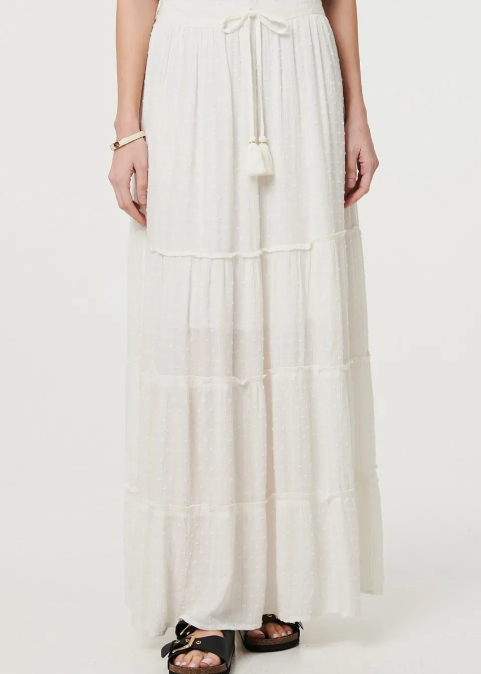 Skirts>Izabel London White Textured High Waist Tiered Maxi Skirt