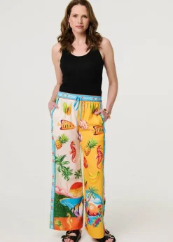 Trousers>Izabel London White Tropical Print Wide Leg Trousers