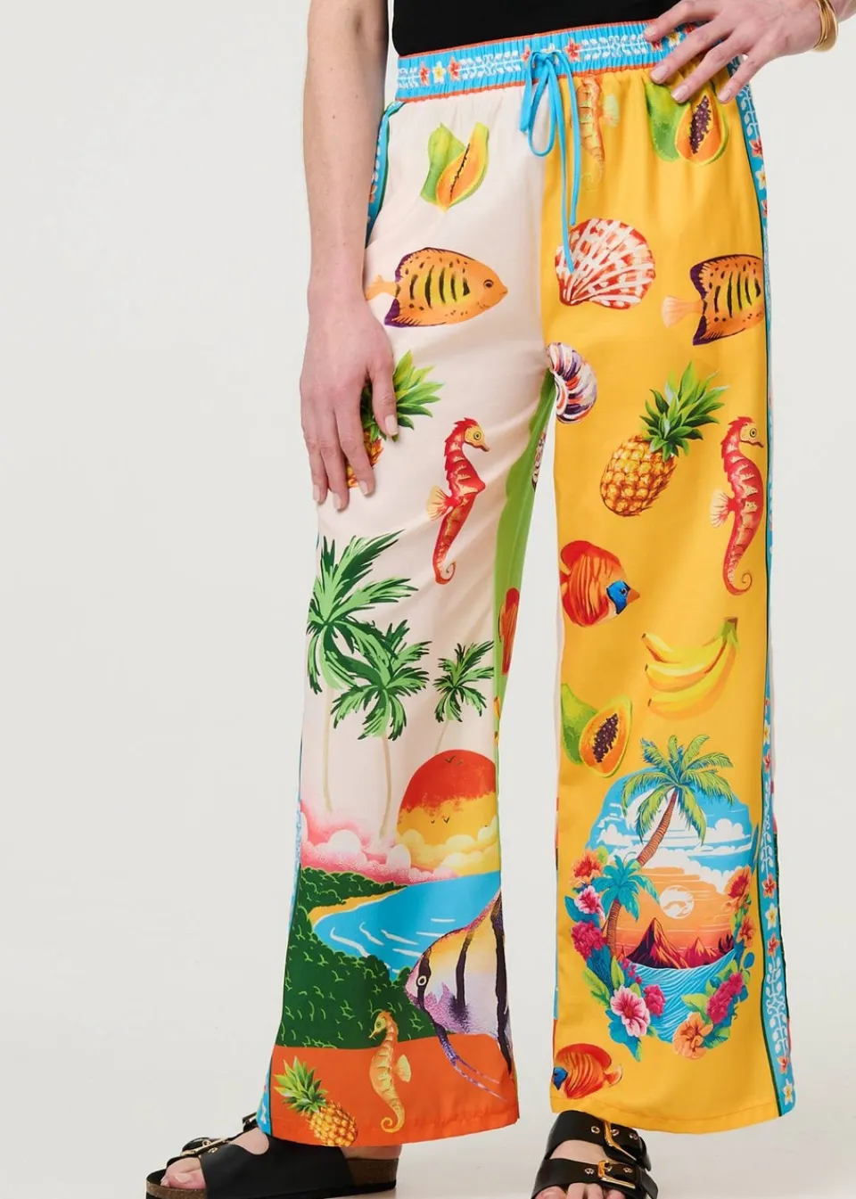 Trousers>Izabel London White Tropical Print Wide Leg Trousers