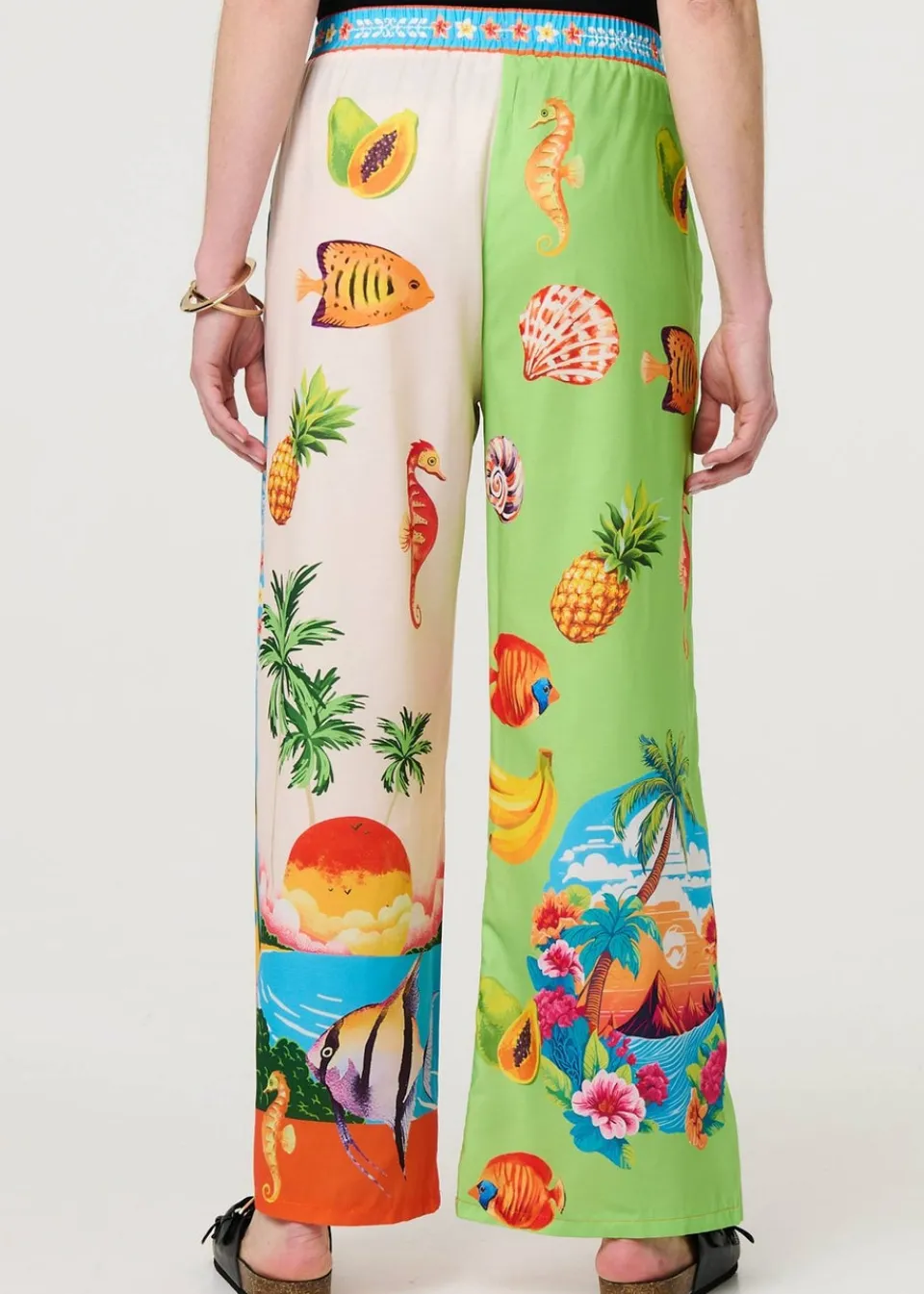 Trousers>Izabel London White Tropical Print Wide Leg Trousers
