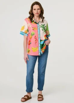Tops>Izabel London White Tropical Print Short Sleeve Shirt