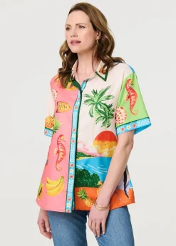 Tops>Izabel London White Tropical Print Short Sleeve Shirt
