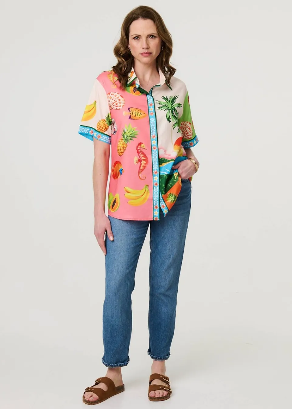 Tops>Izabel London White Tropical Print Short Sleeve Shirt