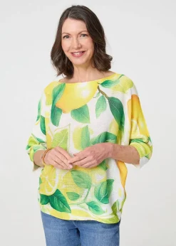 Tops>Izabel London Yellow Leaf Print 3/4 Sleeve Knit Texture Top