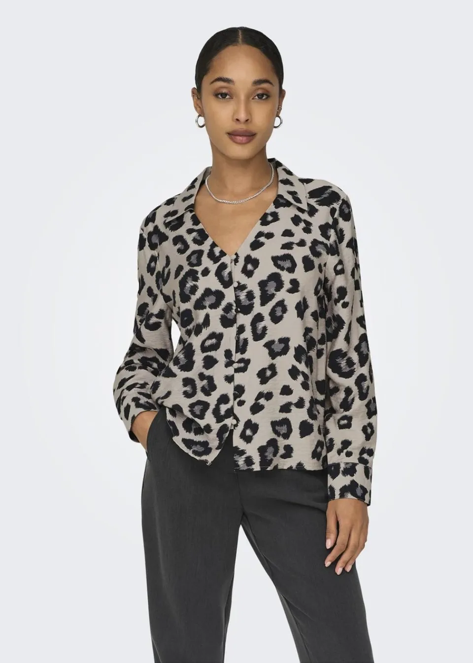 Tops>JDY Beige Animal Satin Shirt