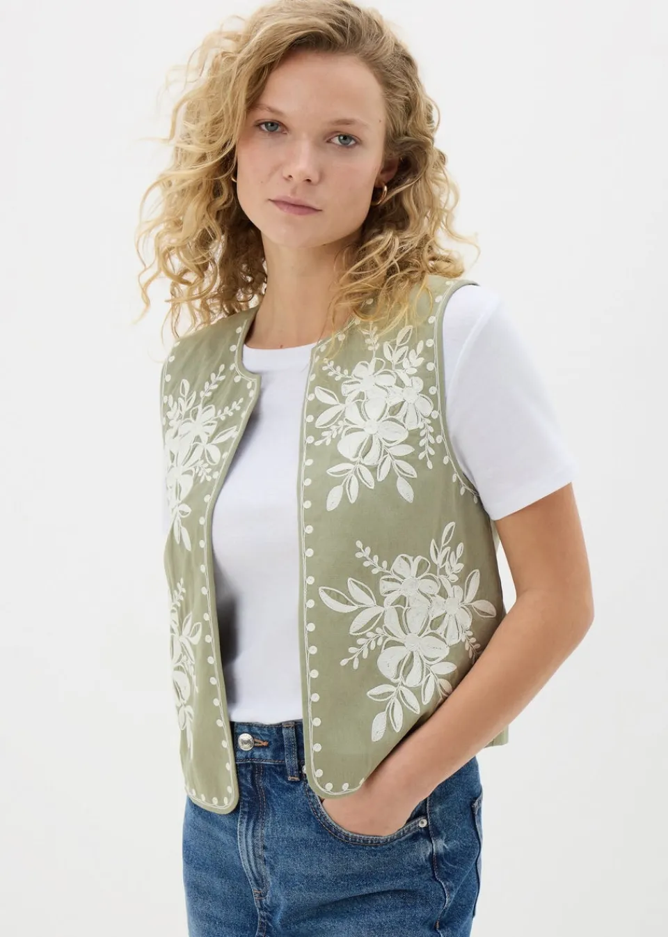 Coats & Jackets>Papaya Khaki Embroidered Waistcoat