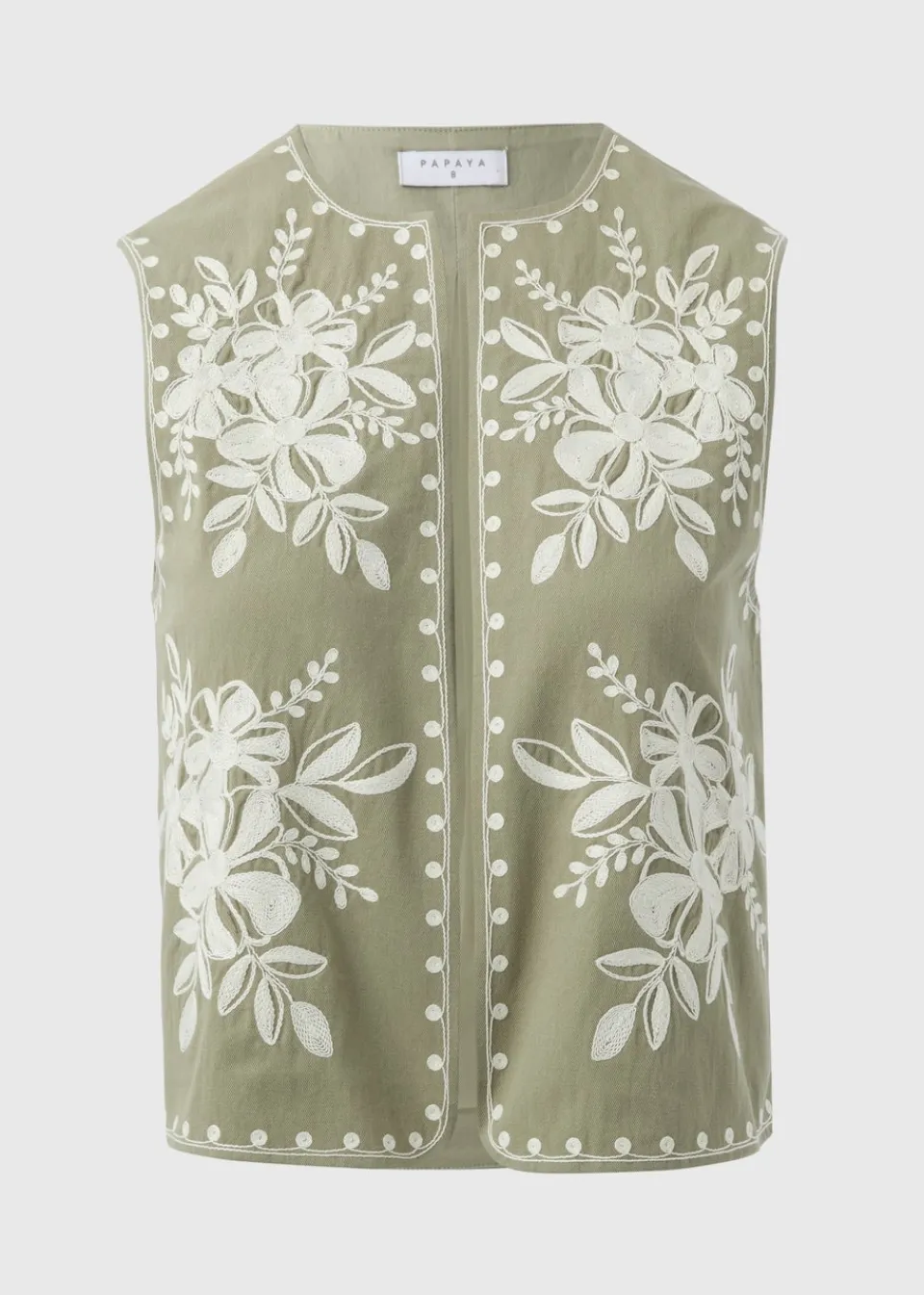 Coats & Jackets>Papaya Khaki Embroidered Waistcoat