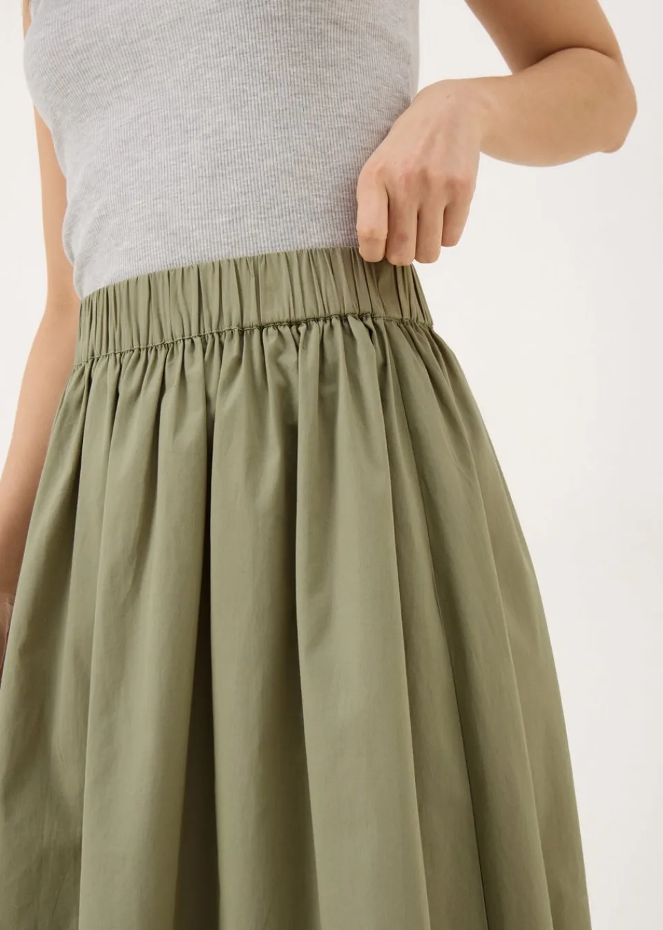 Skirts>Papaya Khaki Midi Poplin Skirt