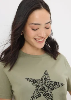 T-Shirts>Papaya Khaki Star Print T-Shirt