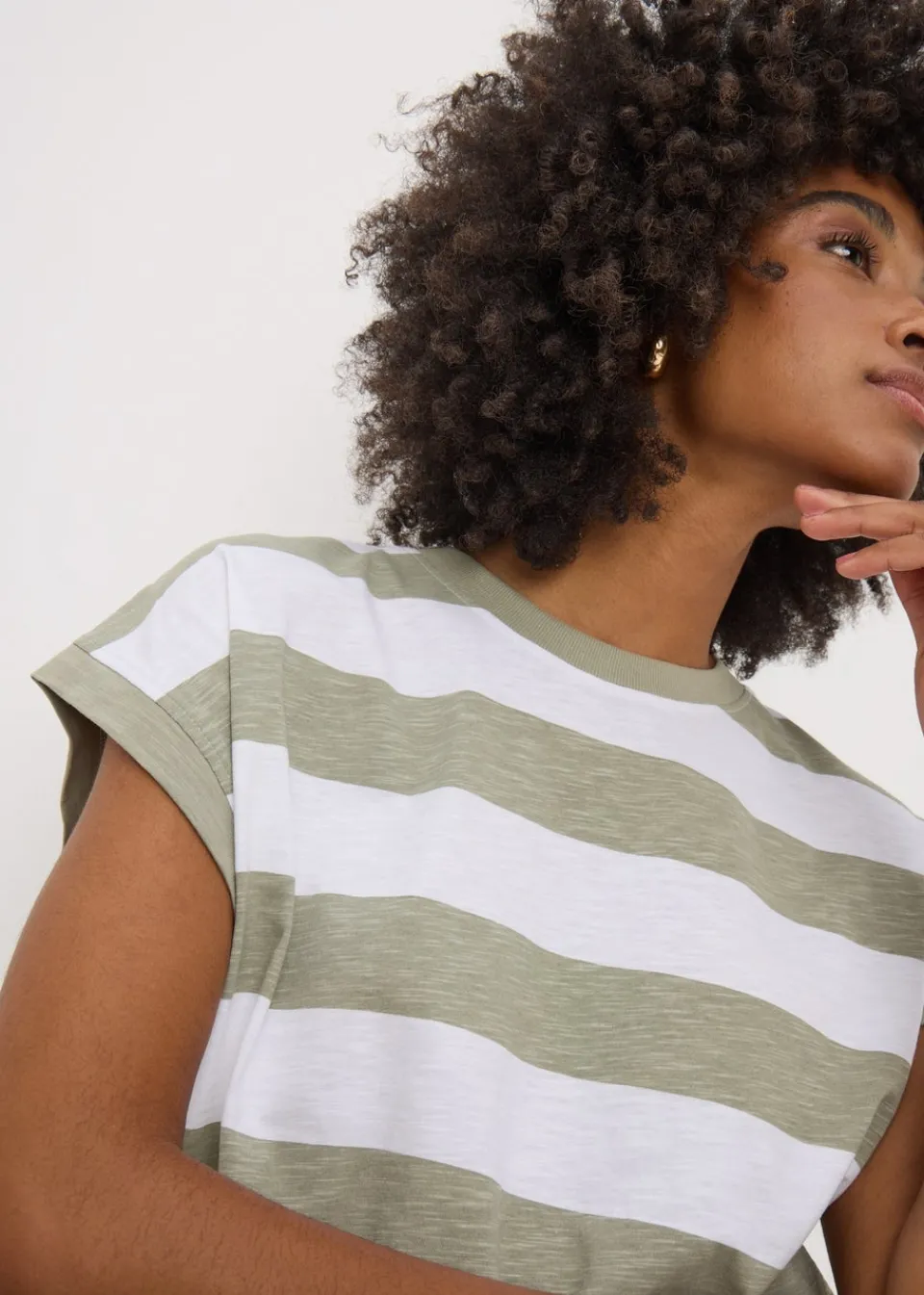 T-Shirts>Papaya Khaki Stripe Short Sleeve Top