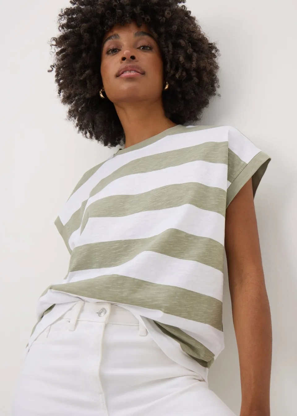 T-Shirts>Papaya Khaki Stripe Short Sleeve Top