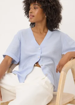 Tops>Papaya Light Blue  Short Sleeve V-Neck Shirt