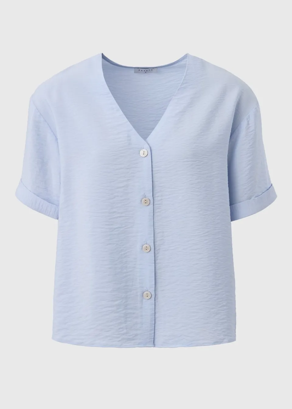 Tops>Papaya Light Blue Short Sleeve V-Neck Shirt