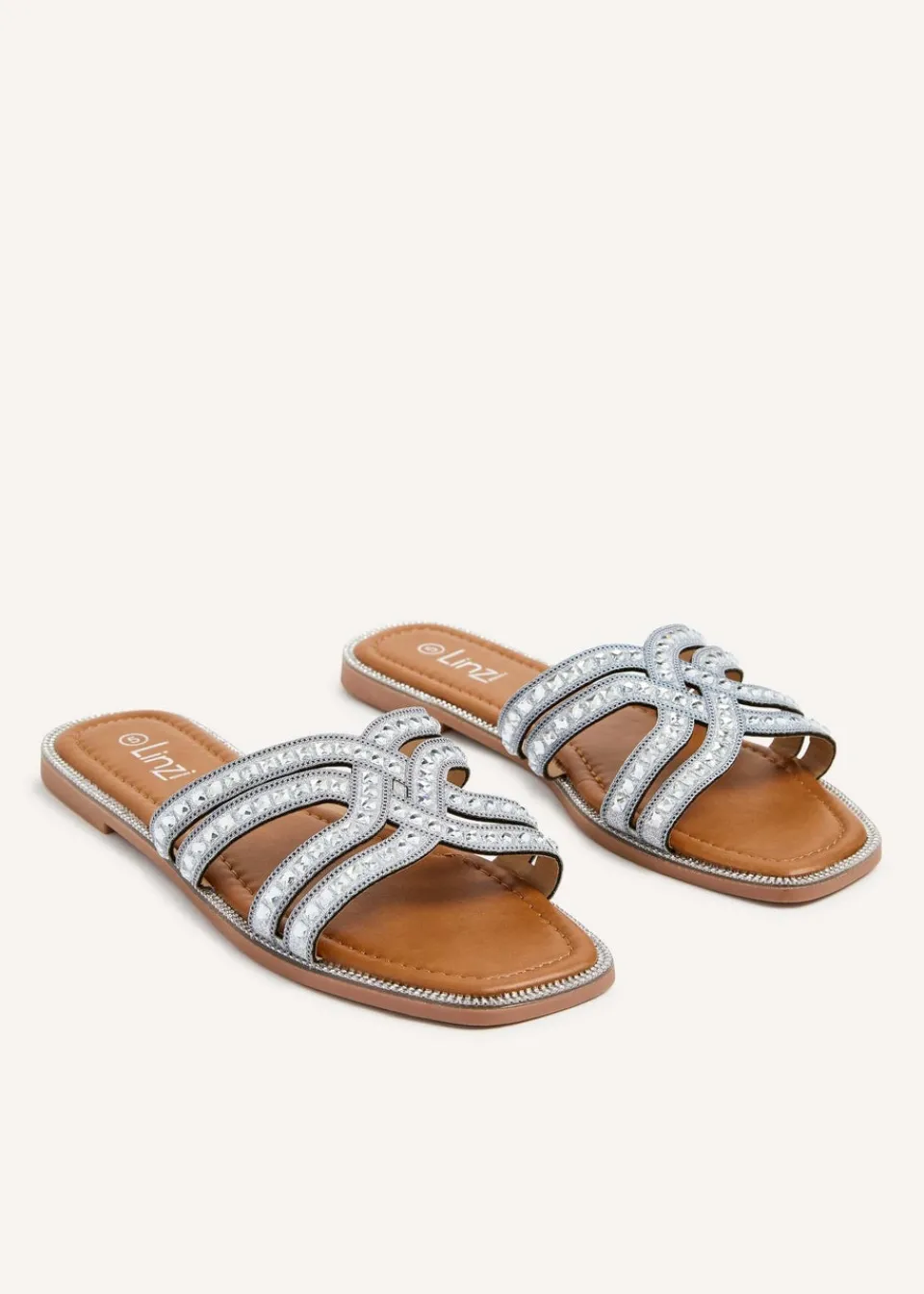 Footwear>Linzi Alondra Silver Diamante Embellished Flat Slider Sandals