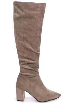Footwear>Linzi Bonnie Mocha Suede Block Heel Knee High Ruched Boot