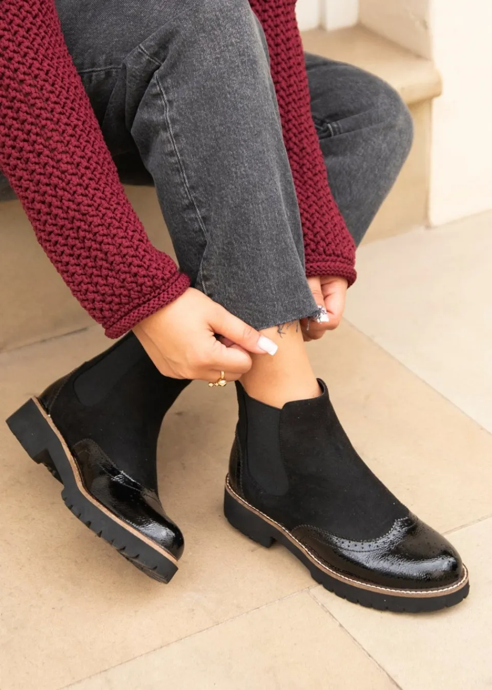 Footwear>Linzi Cleo Black Patent & Suede Brogue Style Chelsea Boot